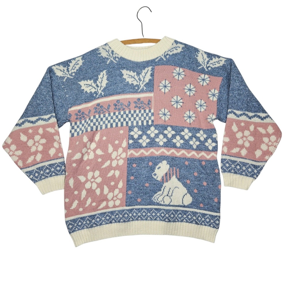 VTG Private Eyes 80s Adele Knit Sweater Patchwork Polar Bear Floral Blue Pink M